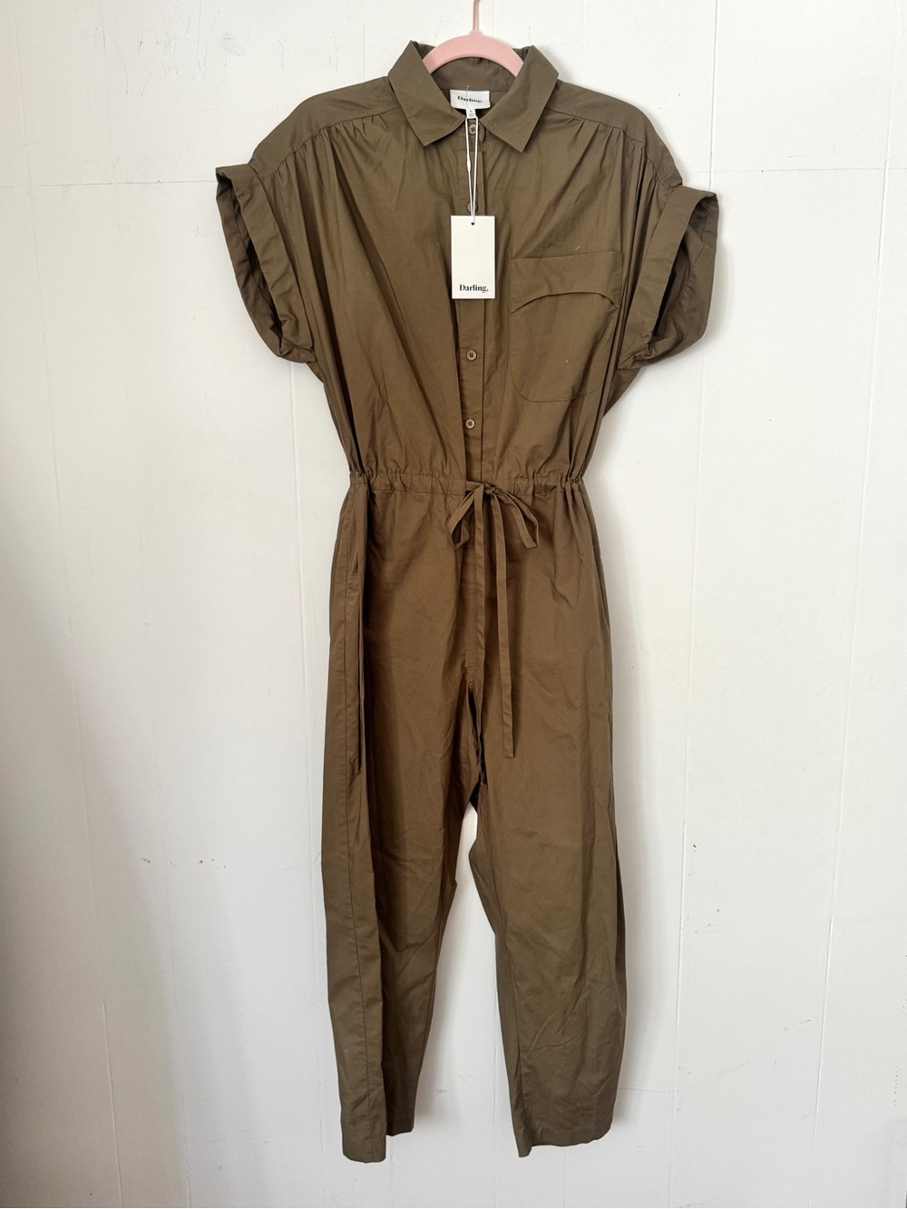 NWT Darling Olive Utility Jumpsuit - Drawstring Waist - size Small